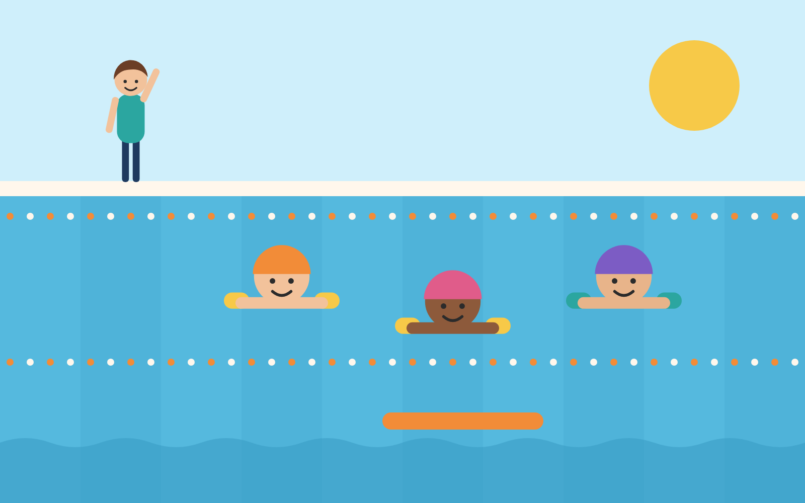 Ilustración de niños nadando con flotadores y un monitor en el borde de la piscina
