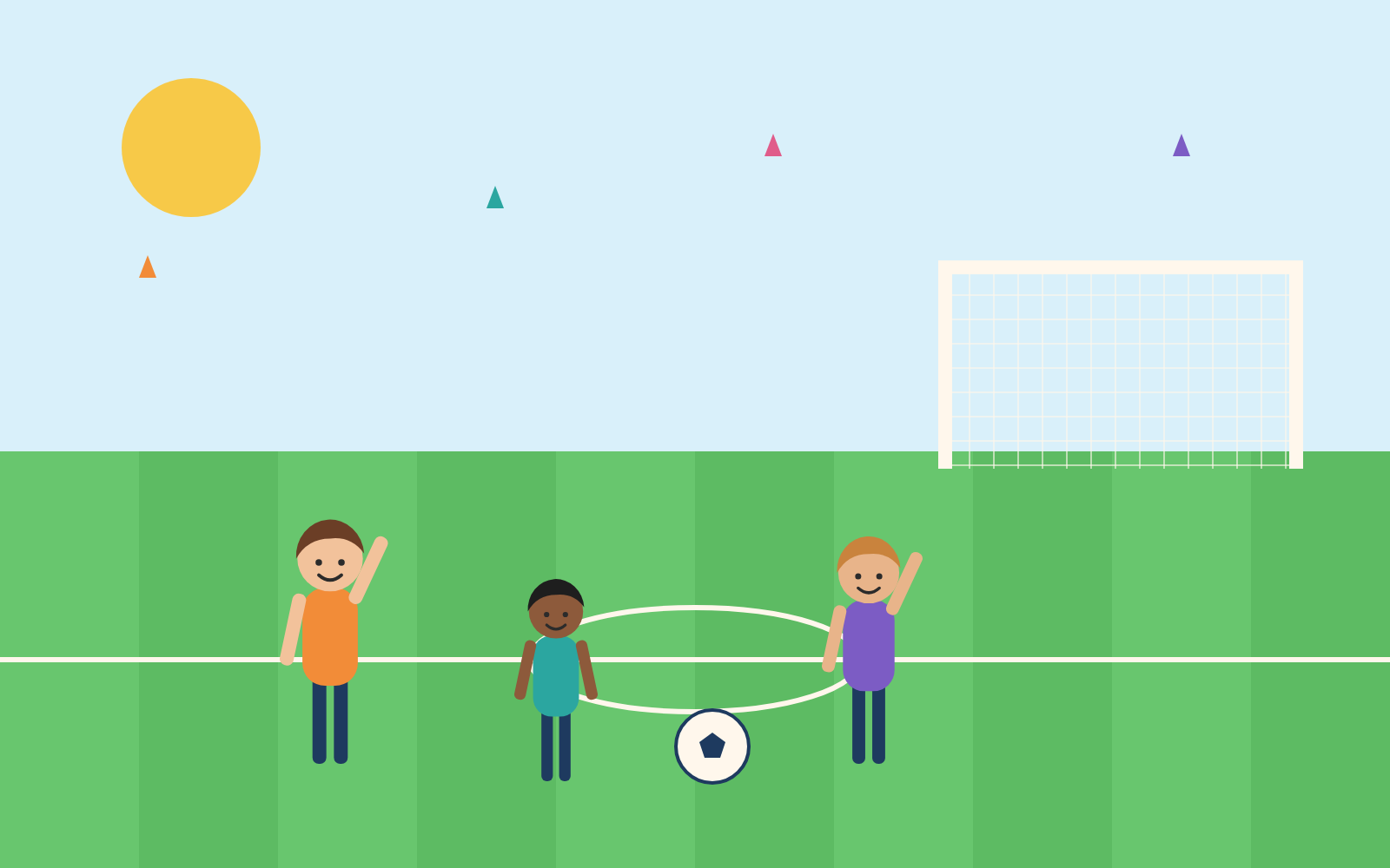 Ilustración de niños jugando al fútbol junto a una portería