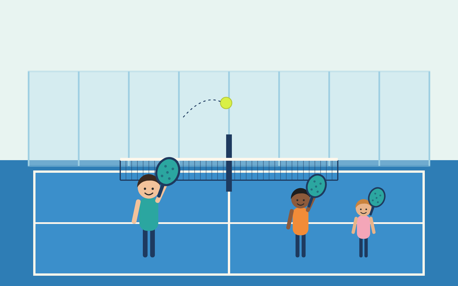 Ilustración de niños con palas en una pista de pádel