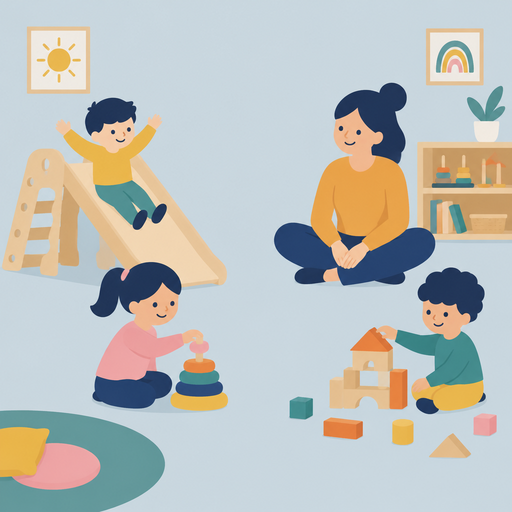 Ilustración plana de niños jugando con juguetes de madera en la sala de juego libre, con una educadora sentada
