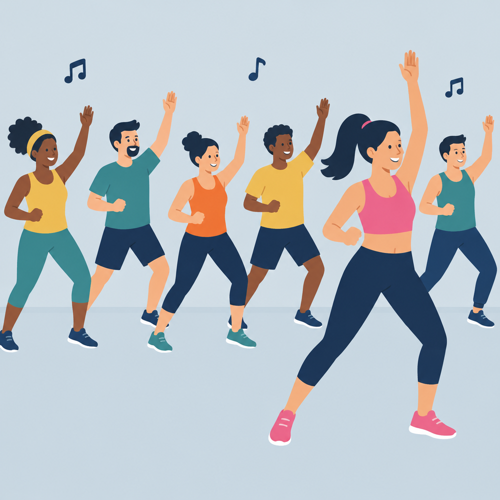 Ilustración plana de madres y padres bailando zumba dirigidos por una instructora