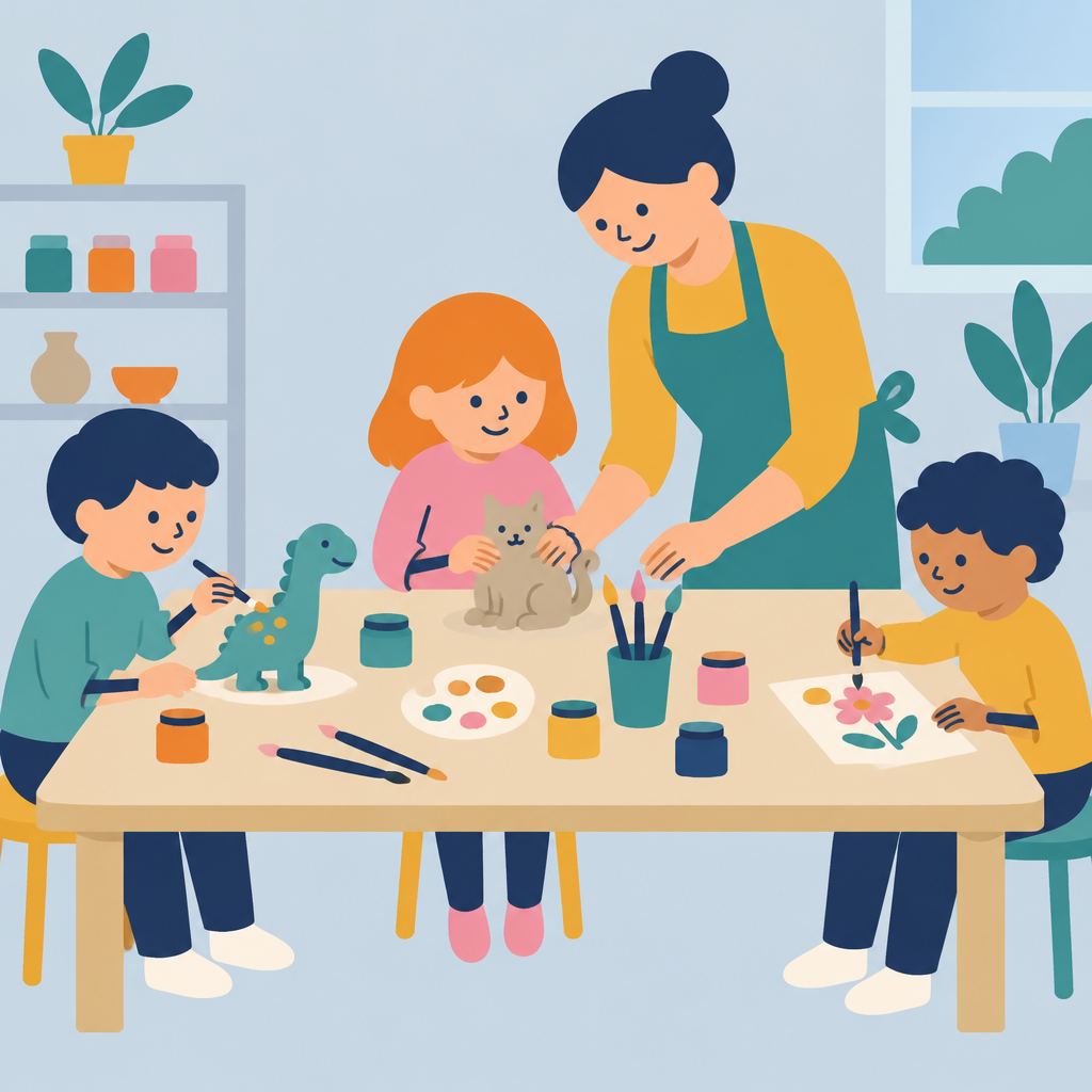 Ilustración plana de niños pintando y modelando figuras de plastilina con una instructora en el taller creativo