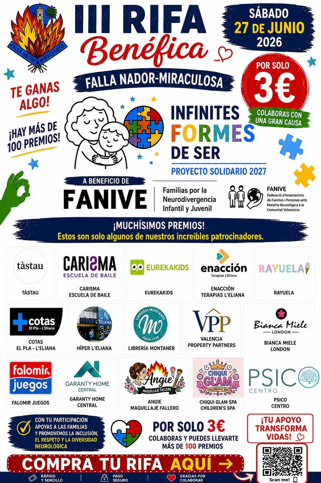 5 Papeletas -RIFA BENÉFICA FALLA NADOR MIRACULOSA Y FANIVE – INFINITES FORMES DE SER