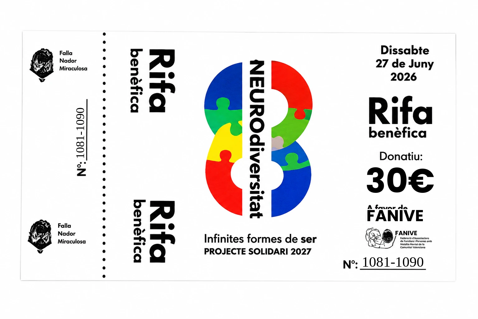10 Papeletas -RIFA BENÉFICA FALLA NADOR MIRACULOSA Y FANIVE – INFINITES FORMES DE SER
