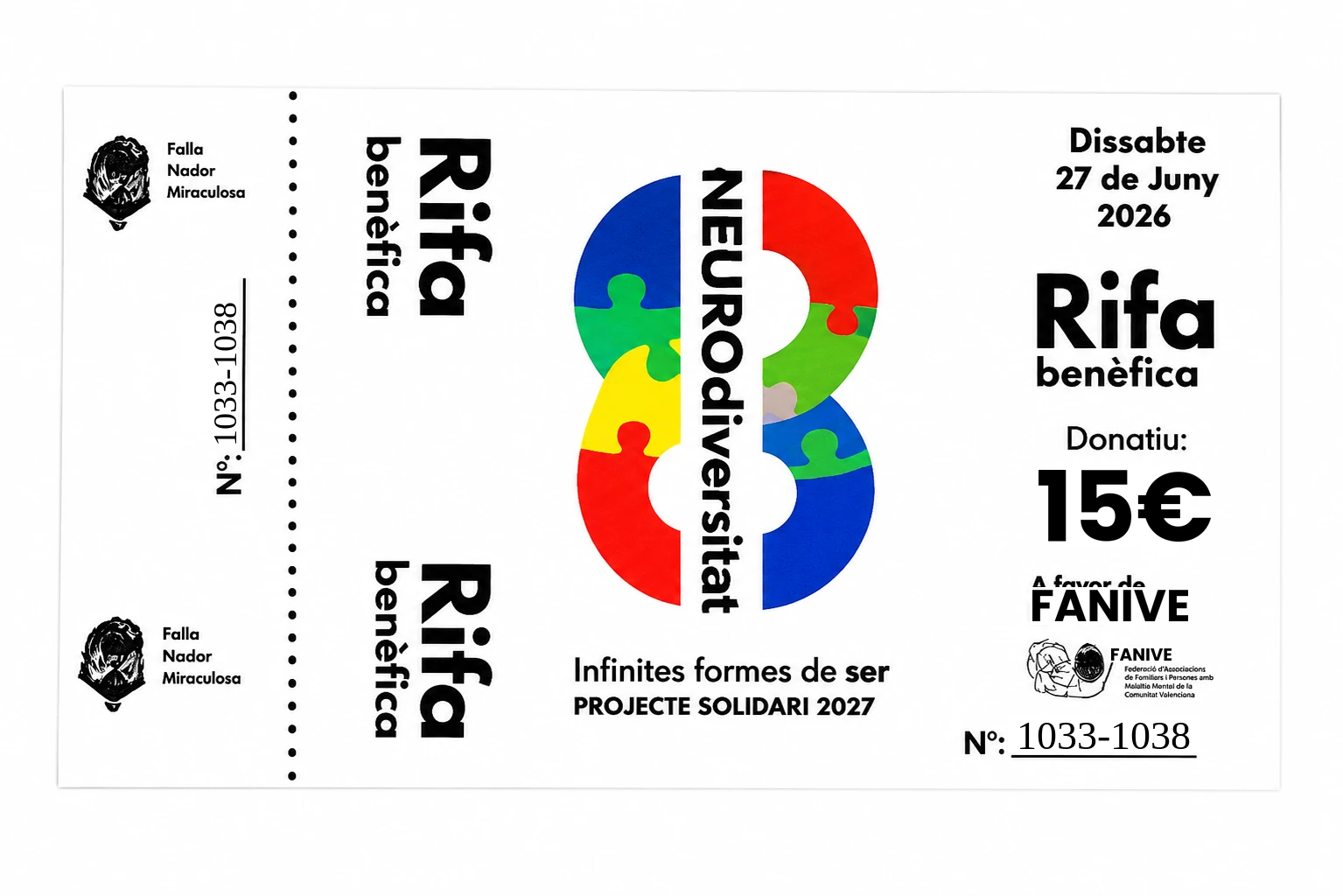 5 Papeletas -RIFA BENÉFICA FALLA NADOR MIRACULOSA Y FANIVE – INFINITES FORMES DE SER